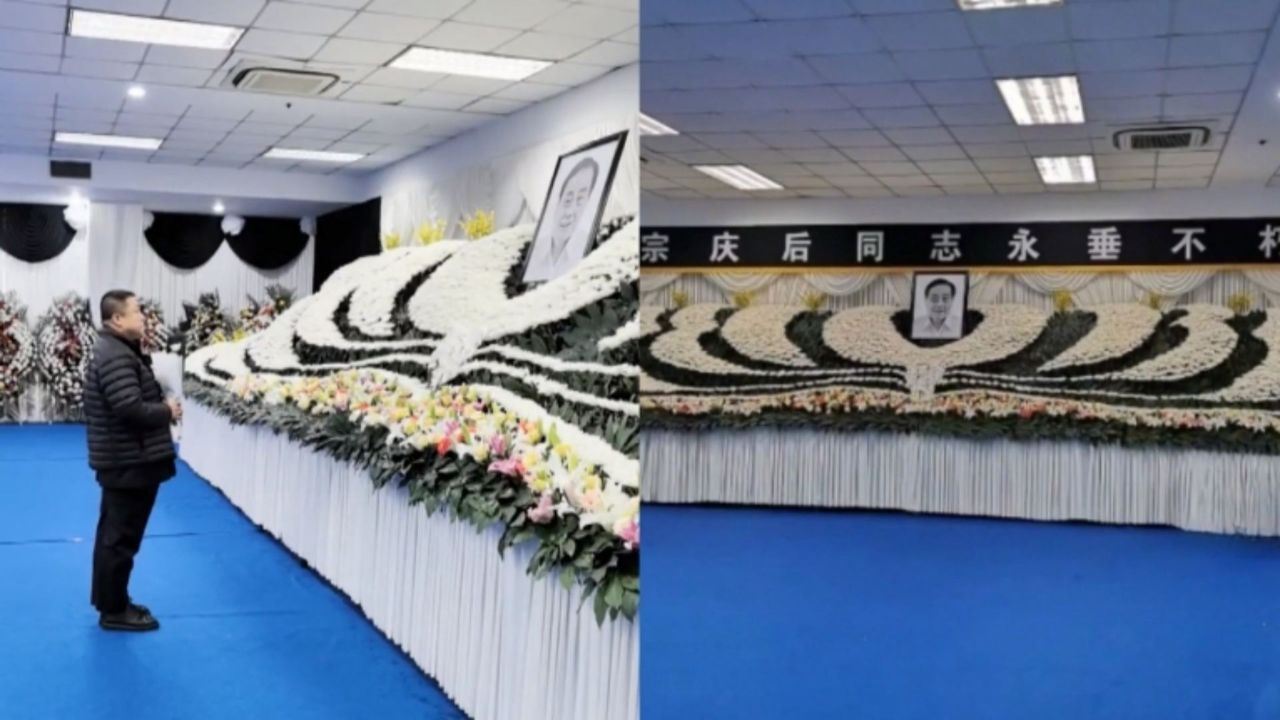 宗庆后追悼会现场摆满花圈,市民和娃哈哈老员工自发献花悼念