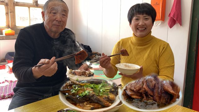 今日午饭,梅菜扣肉,酱焖茄子,豆米饭,简单美味,好吃下饭