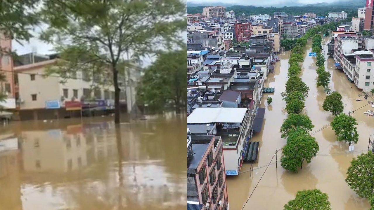 广东英德大湾镇内涝严重:水位深度高将近2米,多间店铺被淹