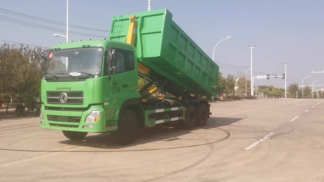 出口东风25吨帕尔菲格拉臂勾垃圾车,烤漆建筑垃圾箱制造