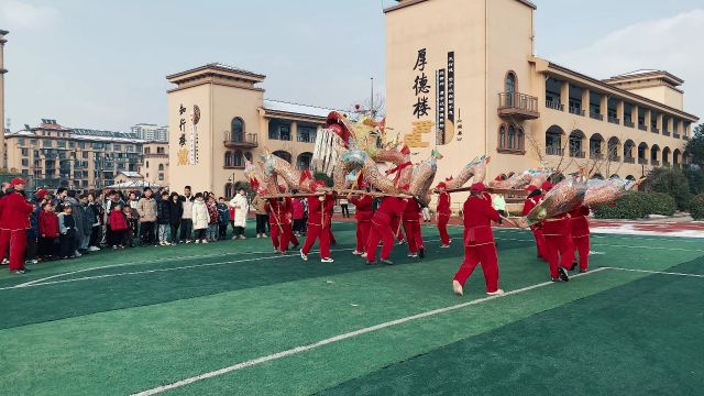 龙山湖小学喜迎“俞朗冲百子老龙灯”,师生与家长观赏,弘扬传统文化