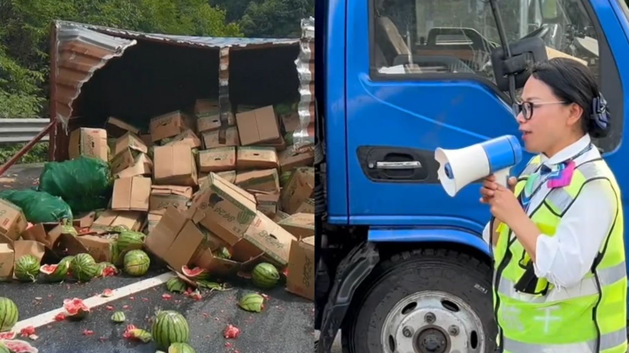 货车高速爆胎侧翻,西瓜滚落满地,收费站小姐姐变身"带货主播"