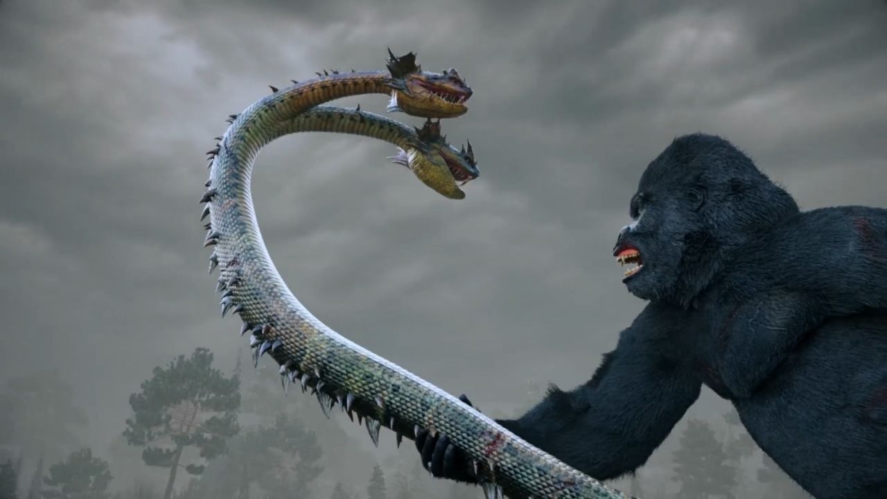 人类无法战胜的巨蟒双头蛇被巨型大猩猩轻松拿捏了