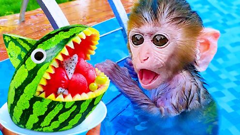 有趣的小猴子：小猴子吃美味创意西瓜冰淇淋，他会与小鸭子分享吗？
