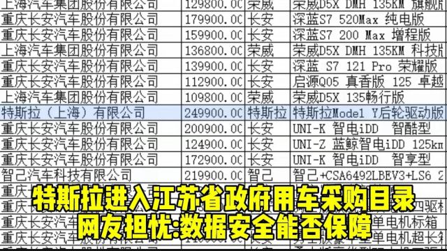 特斯拉进入江苏省政府用车采购目录,网友担忧:数据安全能否保障