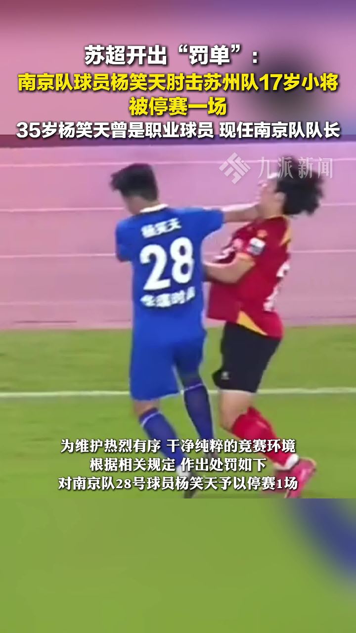 苏超开出罚单:南京队球员因肘击被停赛一场,杨笑天曾是职业球员,现任南京队队长。_高清1080P在线观看平台_腾讯视频