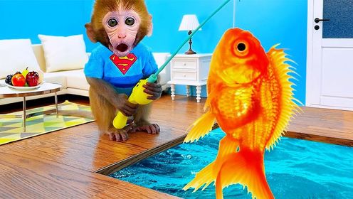 有趣的小猴子：小猴子建造室内泳池，不仅可以游泳还可以钓鱼呢！