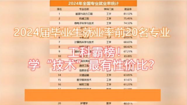 2024届毕业生就业率前20名专业:工科霸榜!学“技术”最有性价比?