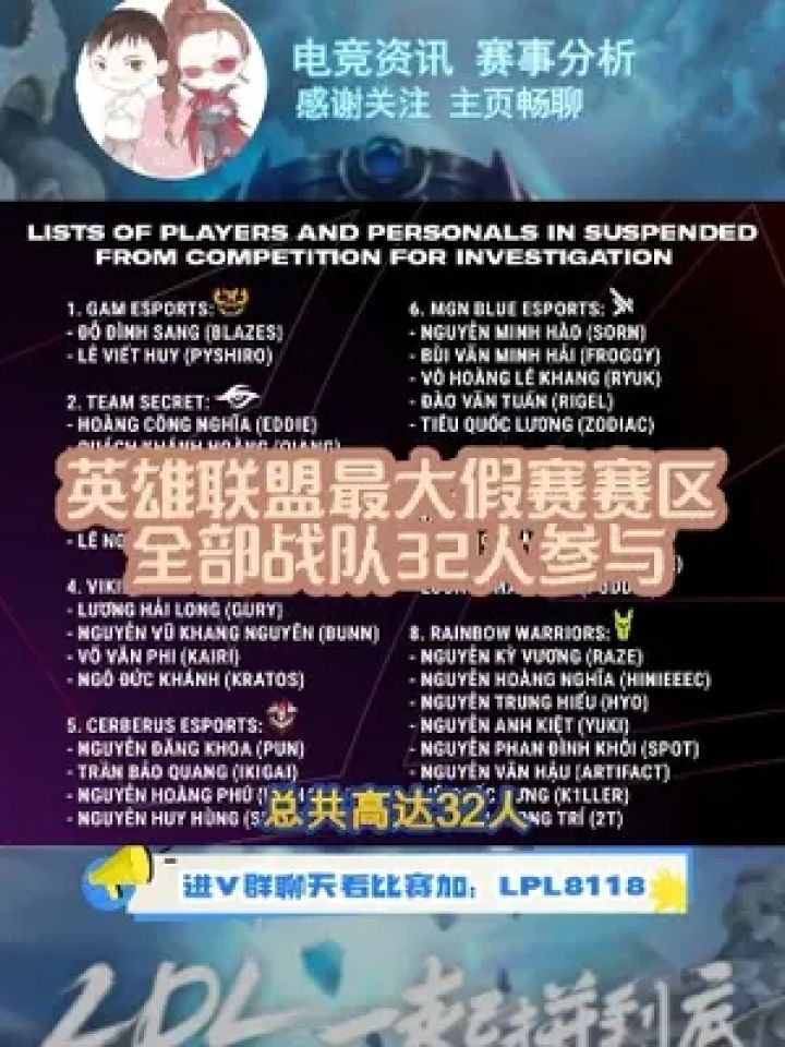 英雄联盟史上最大规模假赛诞生,越南赛区全部8支队伍共32人参与假赛