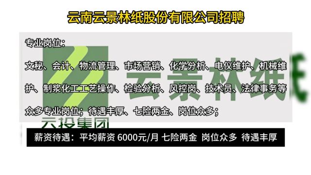 云南云景林纸股份有限公司招聘!