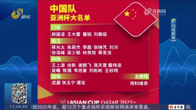 国足亚洲杯大名单公布,泰山队王大雷、刘洋、刘彬彬、陈蒲入选