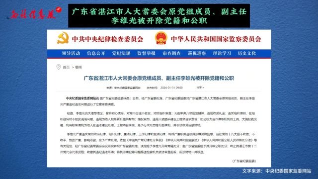 广东省湛江市人大常委会原党组成员、副主任李雄光被开除党籍和公职