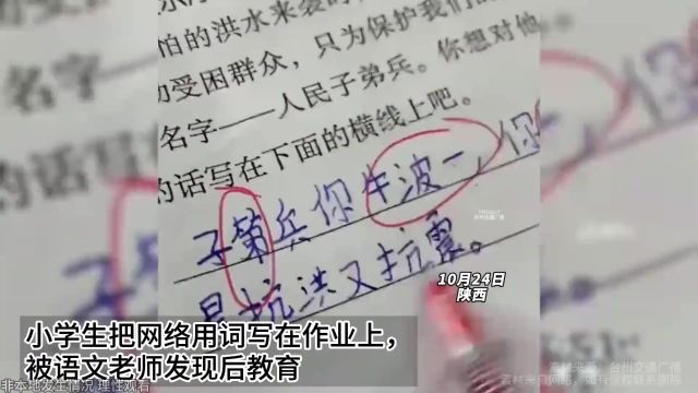 小学生把网络用词写在作业上,被语文老师发现后教育