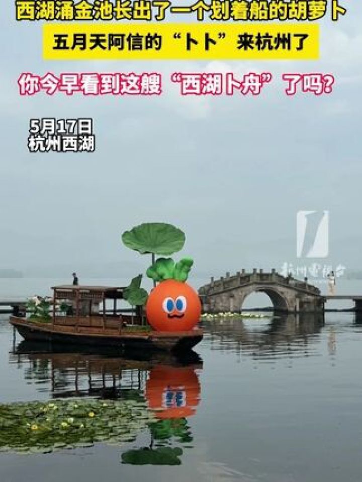 #西湖涌金池长出了一个划着船的胡萝卜,#五月天阿信的“卜卜”来#杭州了,你今早看到这艘“西湖卜舟”了吗?_高清1080P在线观看平台_腾讯视频
