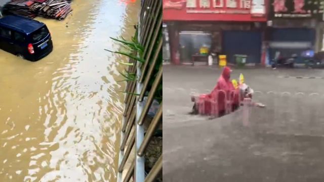 暴雨红色预警!广东英德暴雨致部分道路积水严重 市民骑车如“开船”