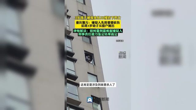 3岁孩子被母亲从22楼扔下死亡,律师解读:如何量刑需根据嫌疑人刑事责任能力鉴定结果而定