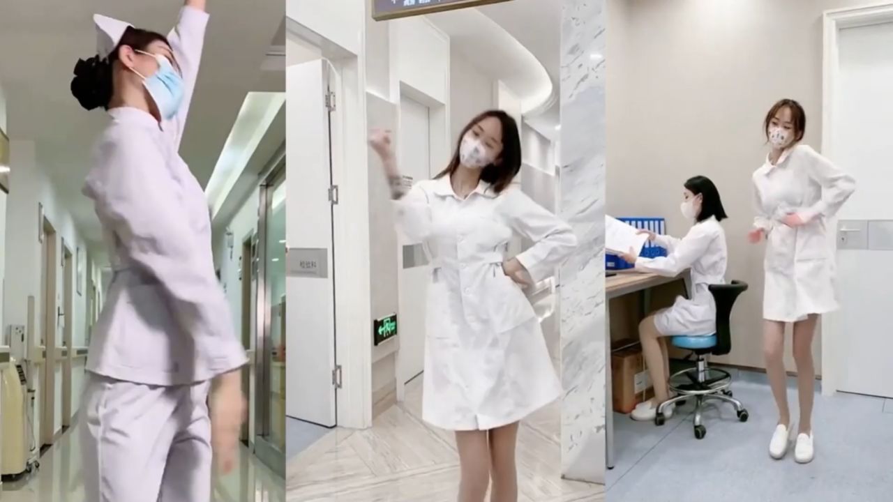 漂亮的年轻小护士跳舞