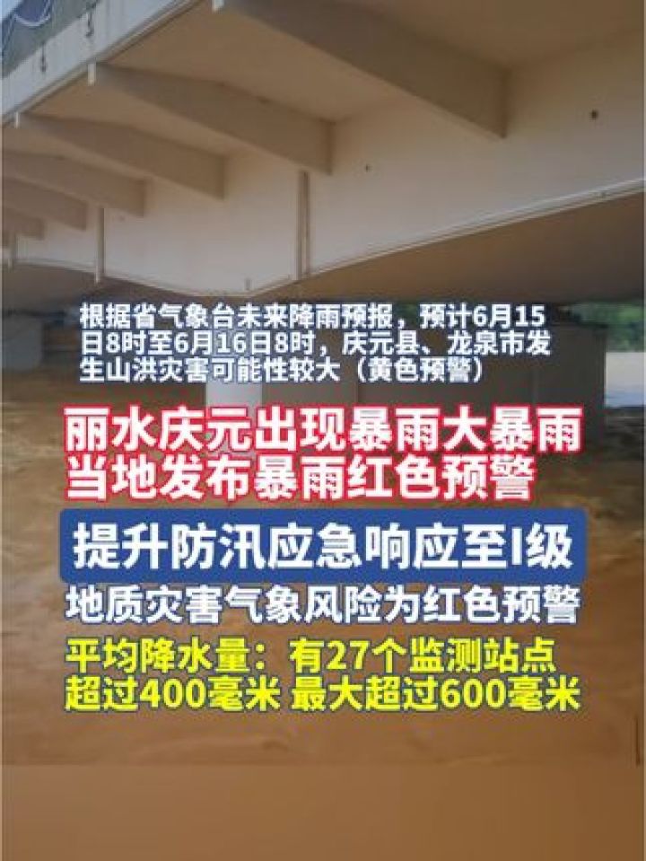6月15日,丽水庆元出现暴雨大暴雨,当地发布暴雨红色