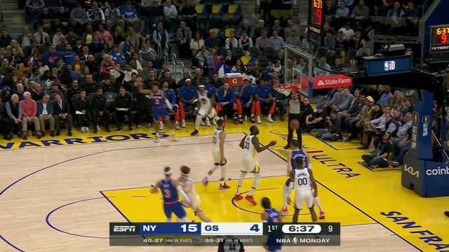 连续转移球让勇士队顾此失彼 麦克布莱德接球出手三分穿针