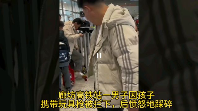 廊坊高铁站一男子因孩子携带玩具枪被拦下,后愤怒踩碎!