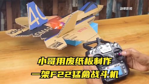 小哥用废纸板制作一架F22猛禽战斗机