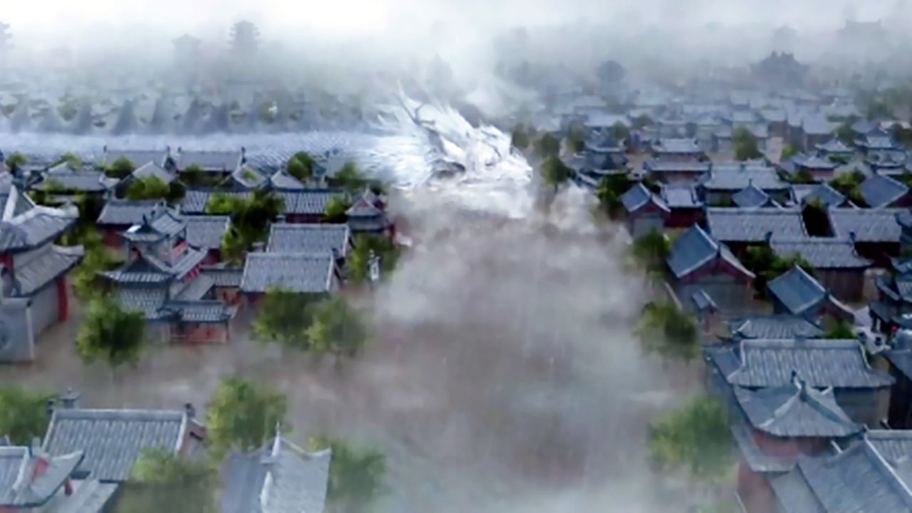 一条白龙搁浅在街道上,天降暴雨覆没龙身,龙不起暴雨就一直下