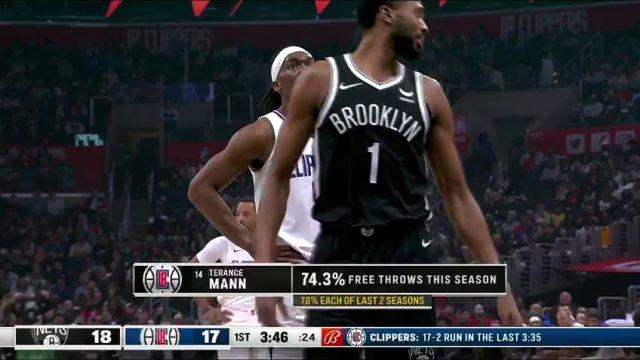 NBA常规赛：篮网vs快船第1节英文原声回放