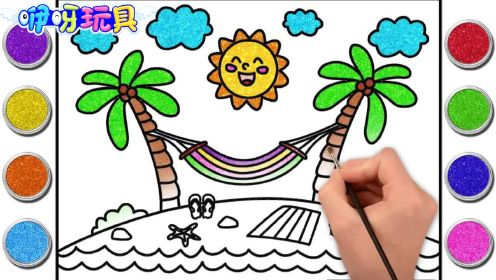 儿童简笔画：画一幅海滩椰子树风景画，带你感受一下夏日和海风