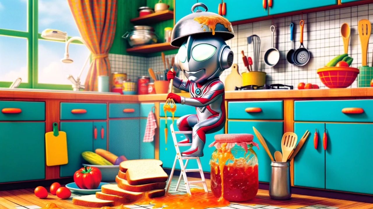 淘气宝宝小奥特曼在家用果酱作画涂满墙