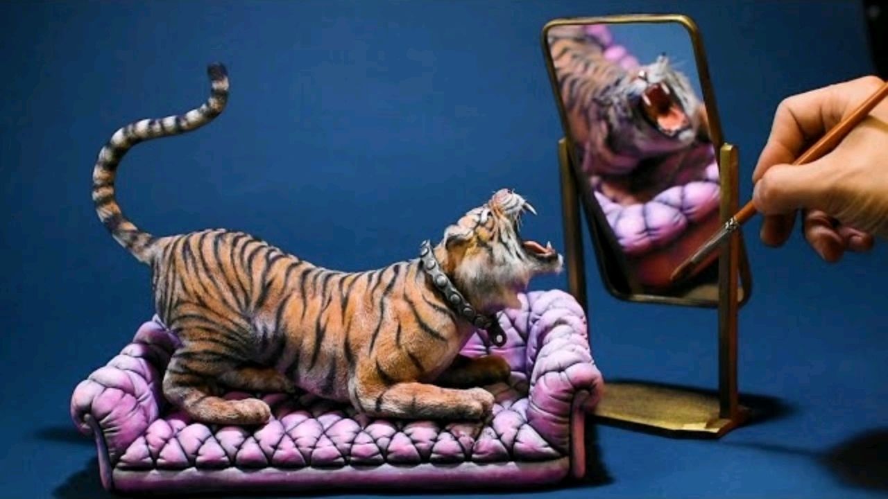 用粘土制作在镜子里的老虎