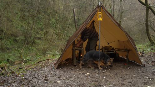 独自在雨中露营，带着炉灶的帐篷，和我的狗一起在遮阳棚里休息！