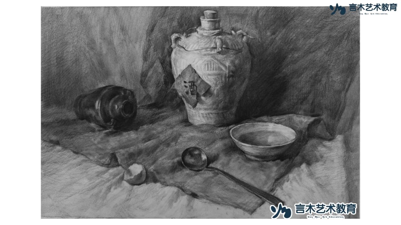 素描静物白色罐子重色衬布