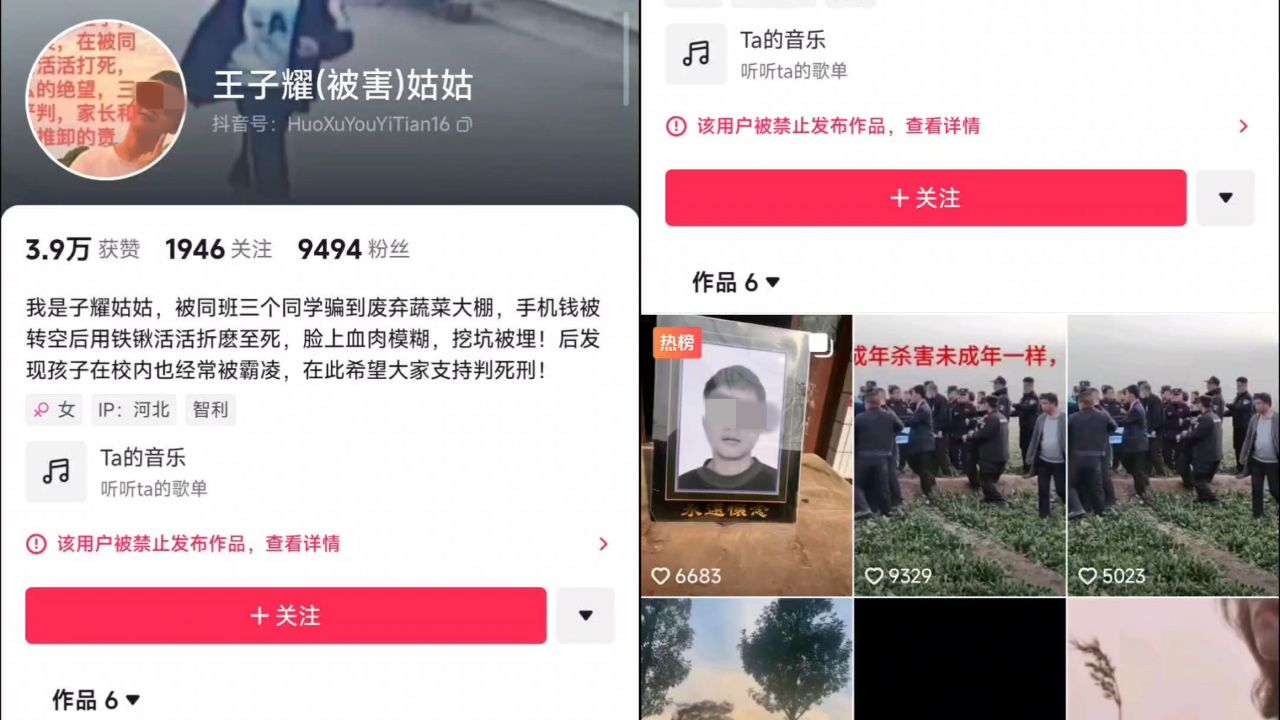 新进展!邯郸受害男孩姑姑抖音号被禁言,此前新发作品已不见