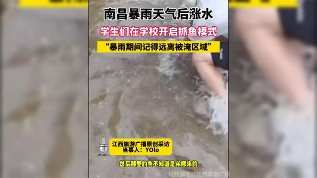 南昌暴雨天气后涨水,学生们在学校开启抓鱼模式