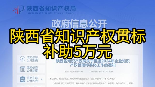 陕西省2024年知识产权贯标补助5万元