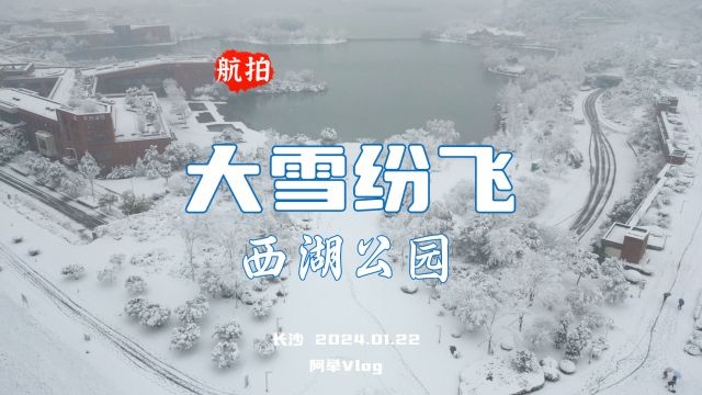 航拍长沙2024年的第一场大雪纷飞,银装素裹的西湖公园