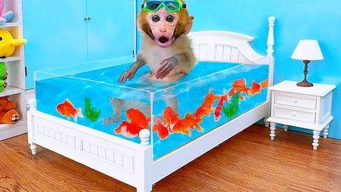 有趣的小猴子：小猴子去河边钓鱼，DIY泳池小床学习游泳！