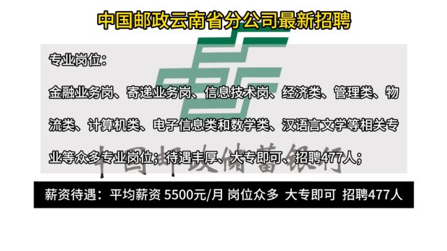 中国邮政集团有限公司云南省分公司最新招聘!