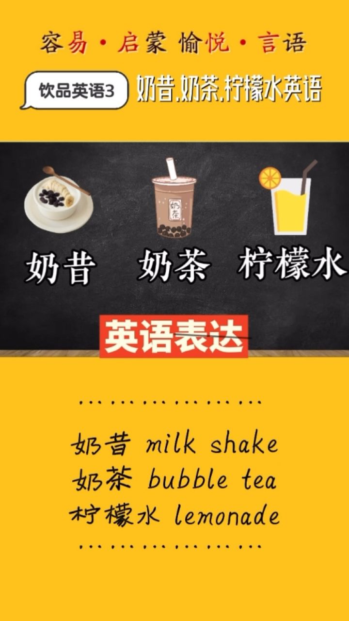 英语口语学会说奶昔milk shake奶茶bubble tea柠檬水lemonade中英文