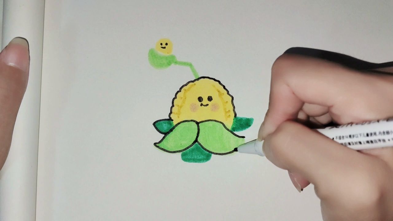 沉浸式画画|画了玉米投手,马克笔手绘可爱儿童简笔画!