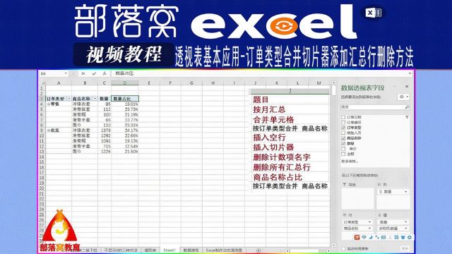 excel透视表基本应用视频:订单类型合并切片器添加汇总行删除方法