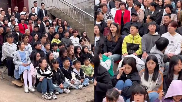 家族88人回村给老人过寿,合照站8排人挤满门口,四世同堂嘴乐歪