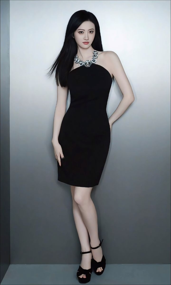 景甜一袭黑色抹胸短裙,妥妥的冷艳女神,不愧是人间富贵花