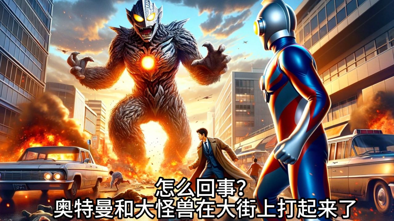 奥特曼和打怪兽在大街上对决