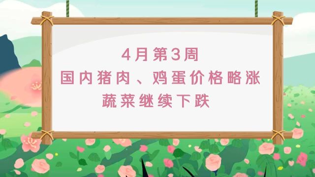 【2024年4月第3周】国内猪肉、鸡蛋价格略涨,蔬菜继续下跌