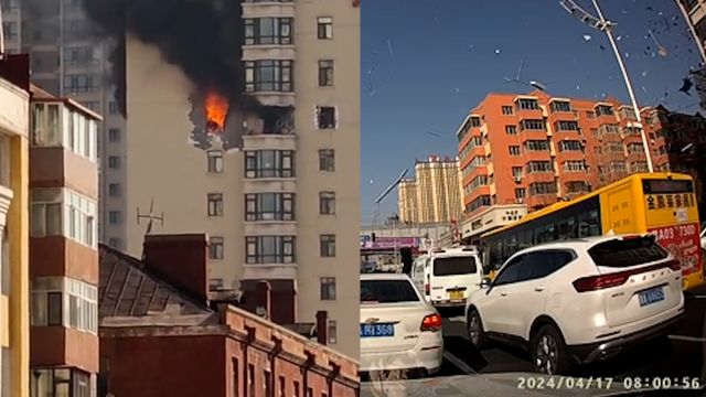 哈尔滨一小区住户燃气爆燃 门窗碎裂砸多车,房内火焰外窜黑烟滚滚