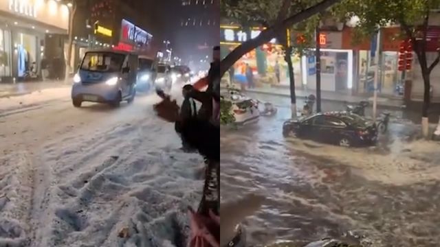 浙江突降冰雹街道瞬间成冰河 拍摄者:又下了大暴雨