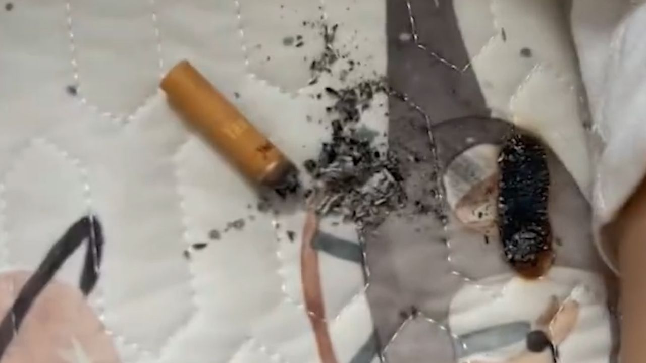 天降烟头到熟睡孩子床上床单被烧焦孩子妈妈：万幸没有引发火灾_高清