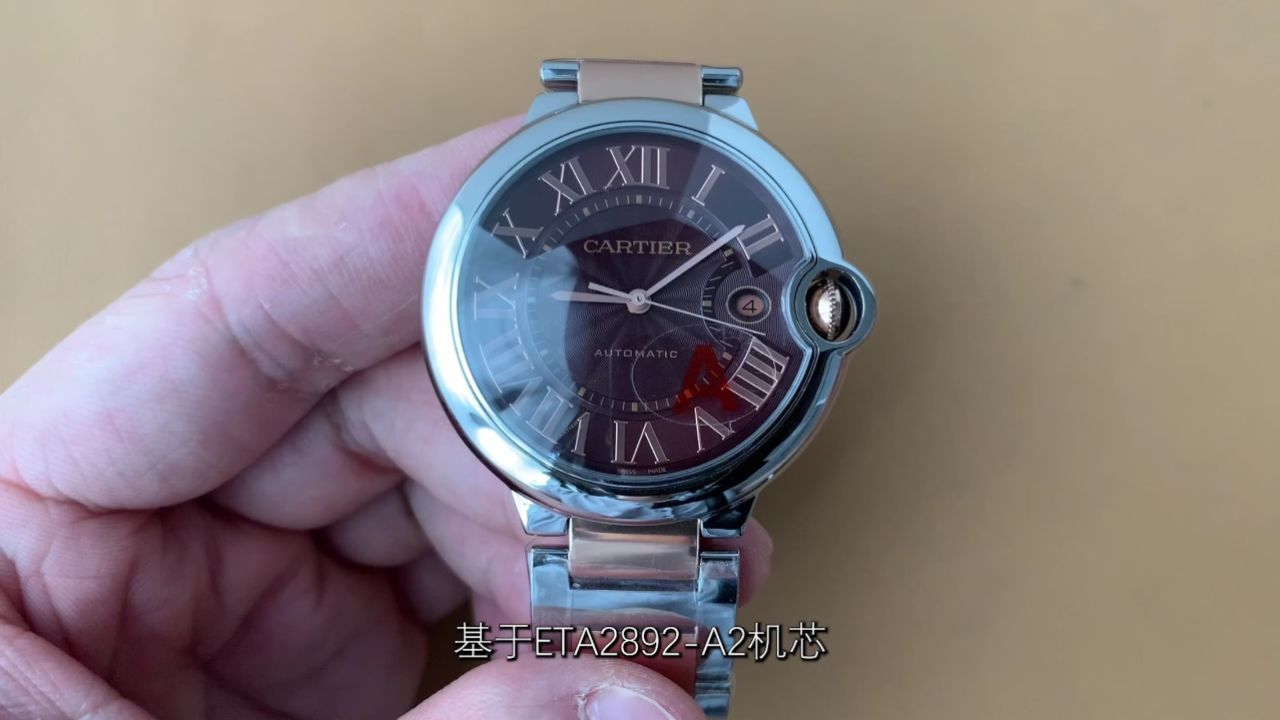 v6卡地亚间玫瑰金咖啡面蓝气球 42毫米 2824机芯