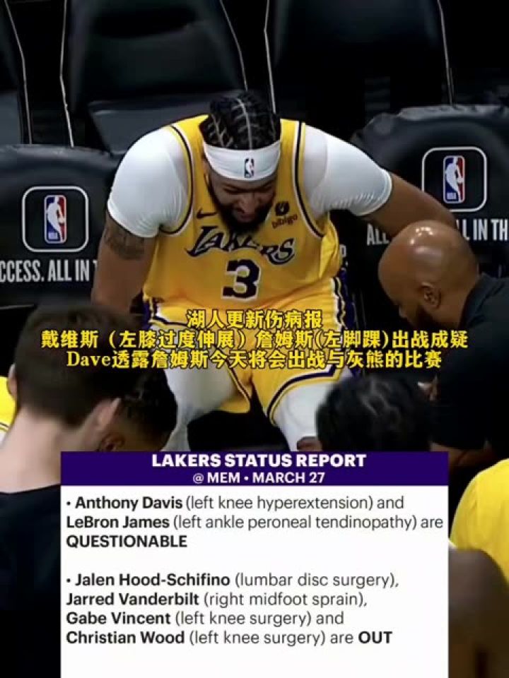 湖人更新伤病报:戴维斯(左膝过度伸展)詹姆斯(左脚踝)出战成疑 .